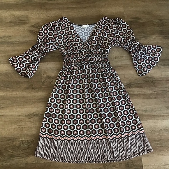 SOPHIE Max Dress Size XS Y2K Bell Sleeves Geometric Print White Black Red - Picture 2 of 8